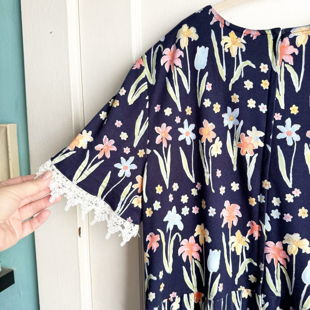 VTG Talbots Floral Maxi Dress Lace Sleeve Detail Tulip Print Navy Short Sleeve L - Picture 14 of 16